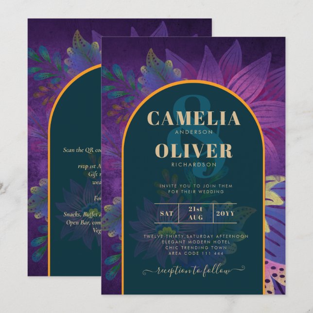 LeahG Grönt Lila Guld JEWEL TONES Wedding INVITE Inbjudningar (Fram/baksida)