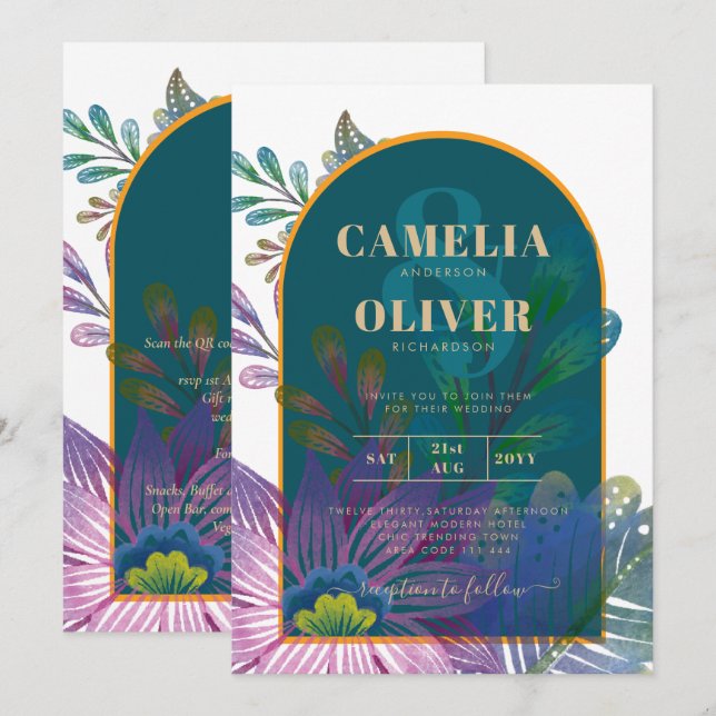 LeahG Grönt Lila Guld JEWEL TONES Wedding INVITE Inbjudningar (Fram/baksida)