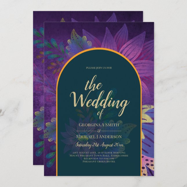 LeahG Grönt Lila Guld JEWEL TONES Wedding INVITE Inbjudningar (Fram/baksida)