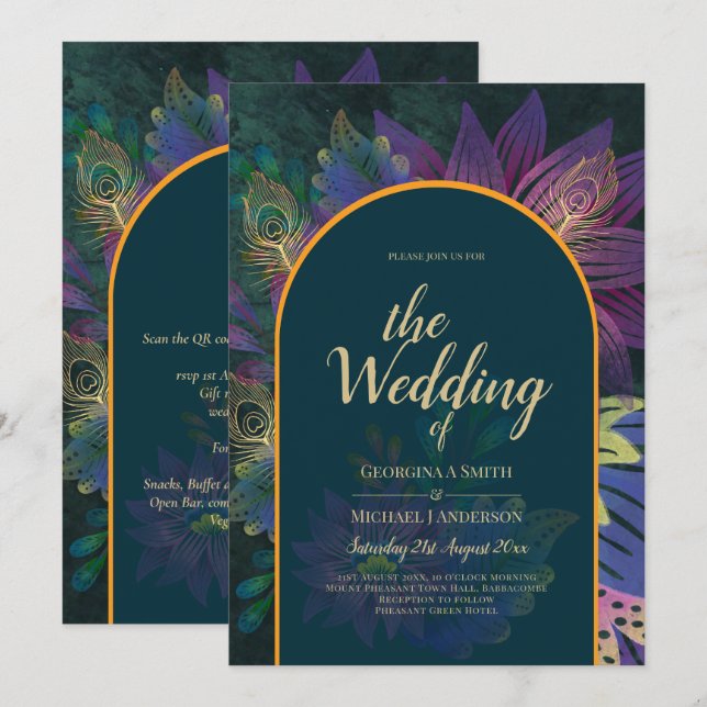 LeahG Grönt Lila Guld JEWEL TONES Wedding INVITE Inbjudningar (Fram/baksida)