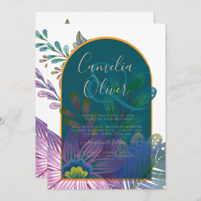 LeahG Grönt Lila Guld JEWEL TONES Wedding INVITE Inbjudningar (Fram/baksida)
