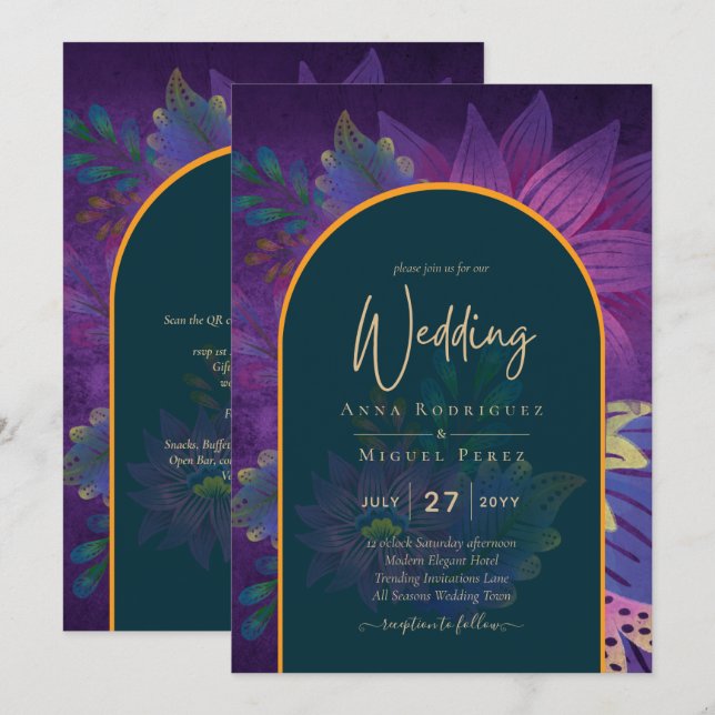 LeahG Grönt Lila Guld JEWEL TONES Wedding INVITE Inbjudningar (Fram/baksida)