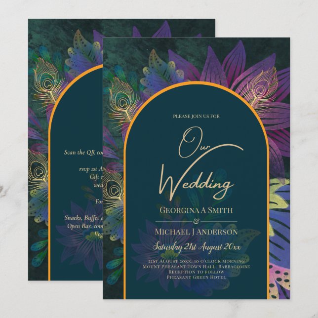 LeahG Grönt Lila Guld JEWEL TONES Wedding INVITE Inbjudningar (Fram/baksida)