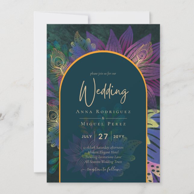 LeahG Grönt Lila Guld JEWEL TONES Wedding INVITE Inbjudningar (Framsida)