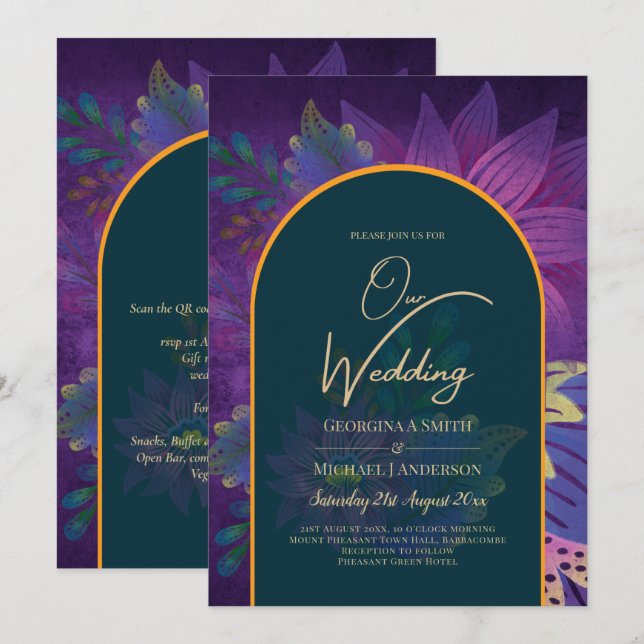 LeahG Grönt Lila Guld JEWEL TONES Wedding INVITE Inbjudningar (Fram/baksida)