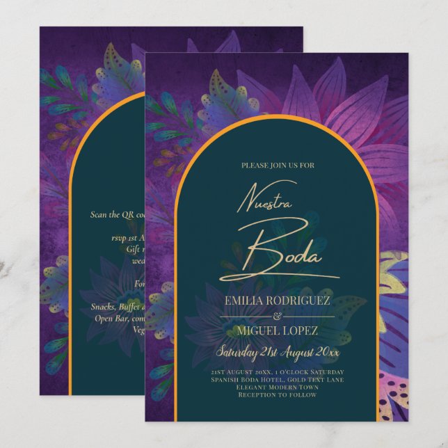 LeahG Grönt Lila Guld JEWEL TONES Wedding INVITE Inbjudningar (Fram/baksida)