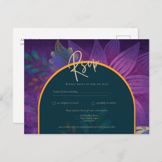 LeahG Grönt Lila Guld JEWEL TONES Wedding INVITE Vykort (Fram/baksida)