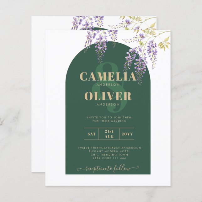 LeahG Grönt Lila Guld WISTERIA Wedding INVITE (Fram/baksida)