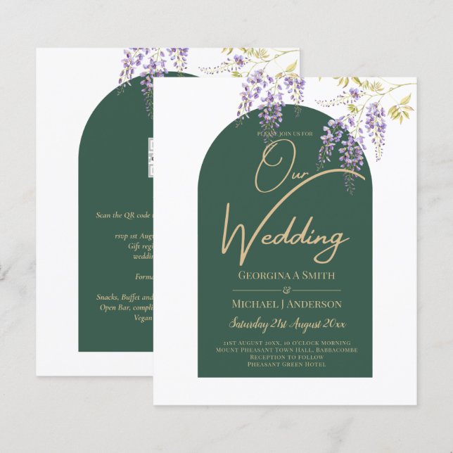 LeahG Grönt Lila Guld WISTERIA Wedding INVITE (Fram/baksida)