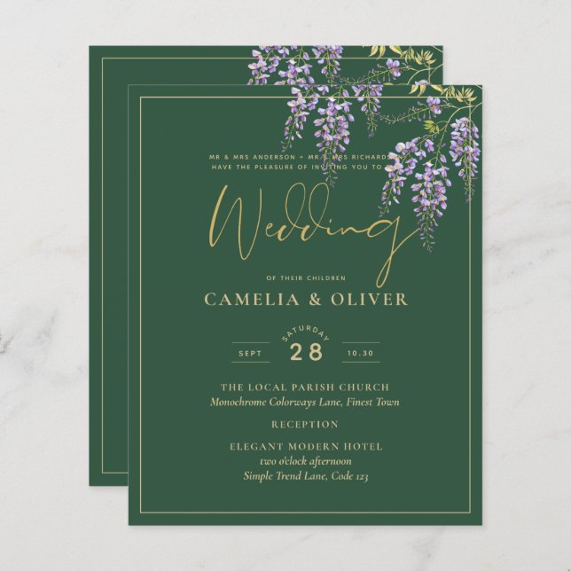 LeahG Grönt Lila Guld WISTERIA Wedding INVITE (Fram/baksida)