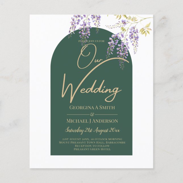 LeahG Grönt Lila Guld WISTERIA Wedding INVITE Flygblad (Framsidan)