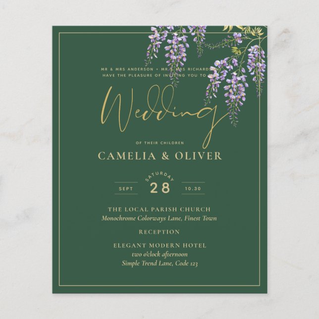 LeahG Grönt Lila Guld WISTERIA Wedding INVITE Flygblad (Framsidan)