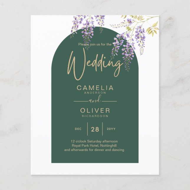 LeahG Grönt Lila Guld WISTERIA Wedding INVITE Flygblad (Framsidan)