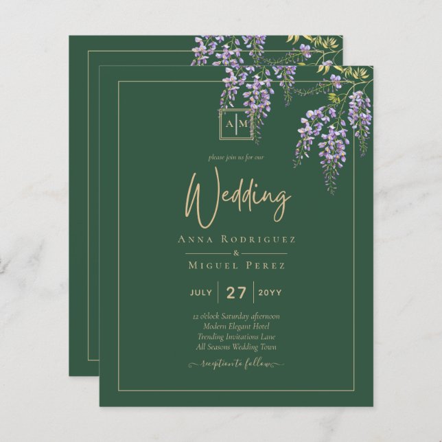 LeahG Grönt Lila WISTERIA Wedding INVITE (Fram/baksida)
