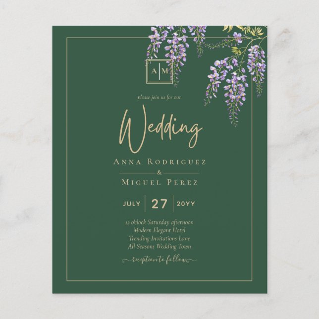 LeahG Grönt Lila WISTERIA Wedding INVITE Flygblad (Framsidan)