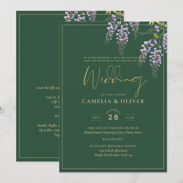 LeahG Grönt Lila WISTERIA Wedding INVITE Inbjudningar (Fram/baksida)