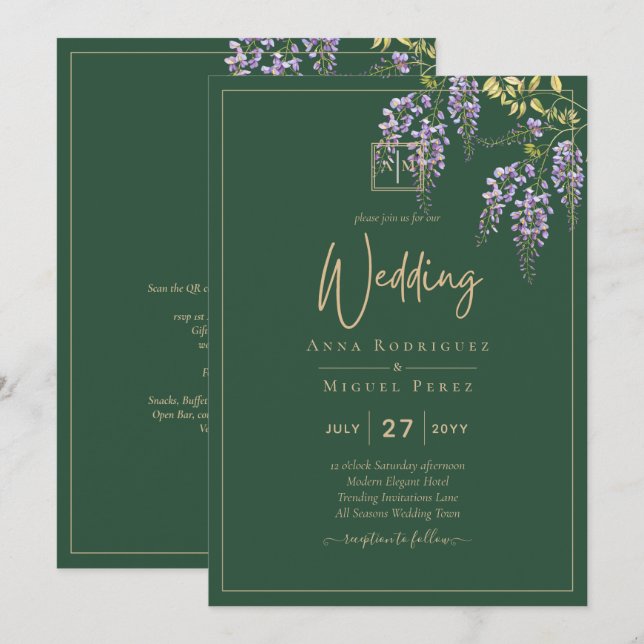 LeahG Grönt Lila WISTERIA Wedding INVITE Inbjudningar (Fram/baksida)