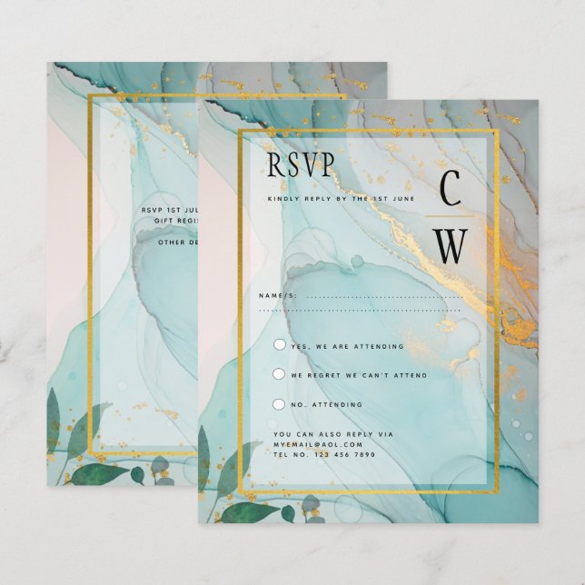 LeahG Havsglas Teal Guld BLÄCK Bröllops INBJUDAN (Fram/baksida)