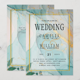 LeahG Havsglas Teal Guld INK Bröllops INVITATION Inbjudningar
