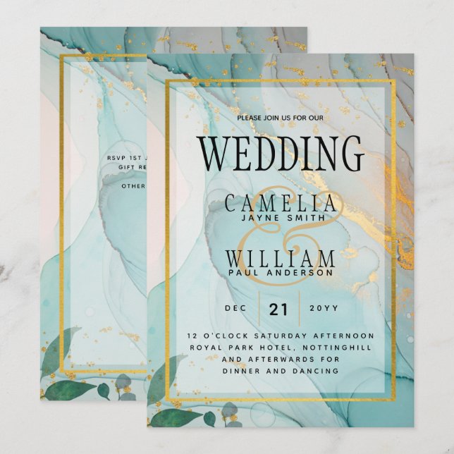 LeahG Havsglas Teal Guld INK Bröllops INVITATION Inbjudningar (Fram/baksida)