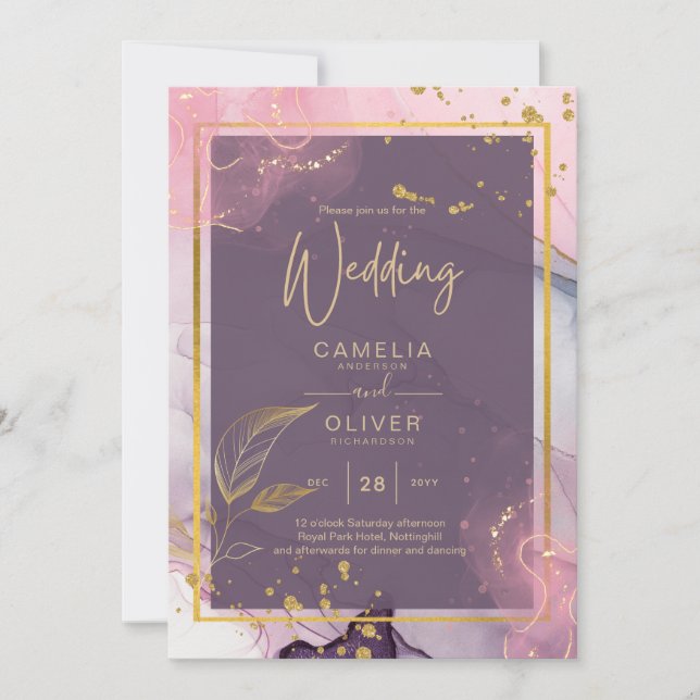 LeahG® Lavendel BLÄCK Mauve Lila Guld Bröllop Inbjudningar (Framsida)
