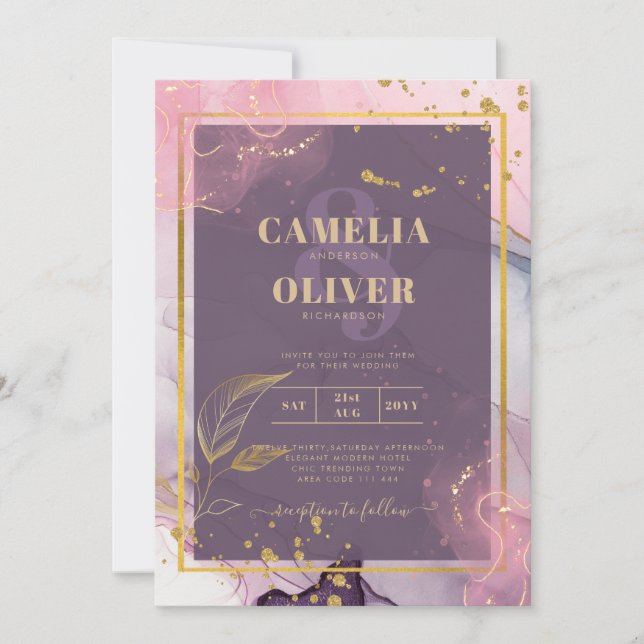 LeahG® Lavender BLÄCK Mauve Lila Guld Bröllop Inbjudningar (Framsida)