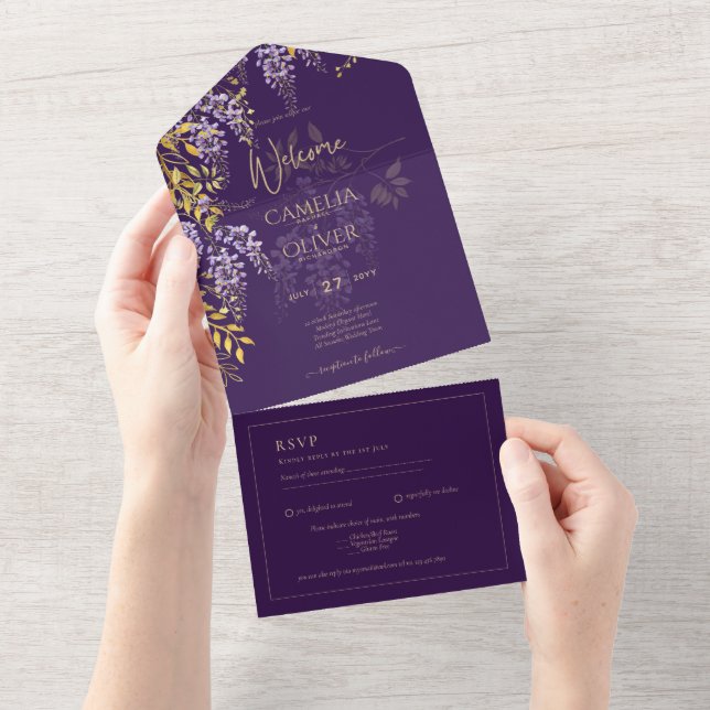 LeahG Lila Guld WISTERIA Blommig Bröllops INBJUDAN (Avrivbar del)