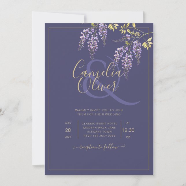 LeahG Lila Guld WISTERIA Blommig Bröllops INBJUDAN (Framsida)