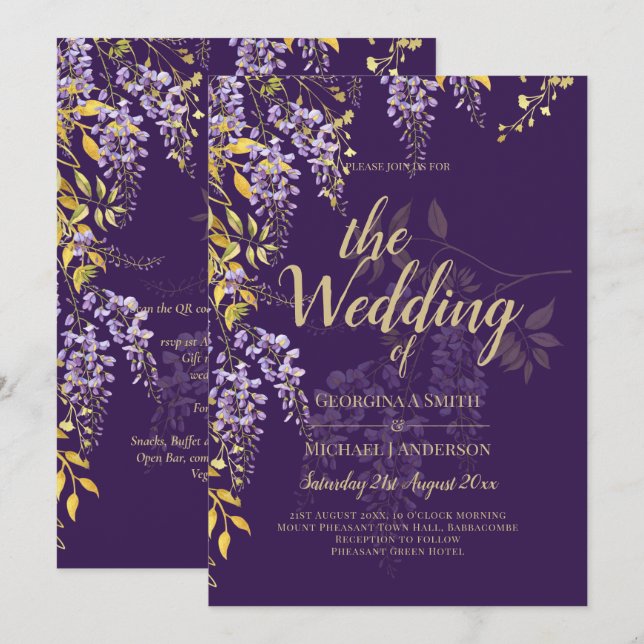LeahG Lila Guld WISTERIA Blommig Bröllops INBJUDAN (Fram/baksida)