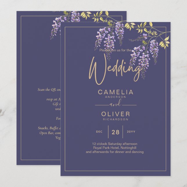 LeahG Lila Guld WISTERIA Blommig Bröllops INBJUDAN (Fram/baksida)