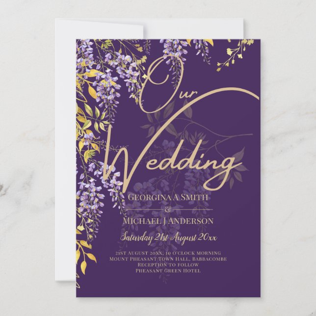 LeahG Lila Guld WISTERIA Blommig Bröllops INBJUDAN (Framsida)