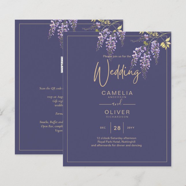 LeahG Lila Guld WISTERIA Blommigt Wedding INVITE (Fram/baksida)