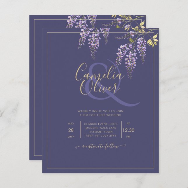 LeahG Lila Guld WISTERIA Blommigt Wedding INVITE (Fram/baksida)