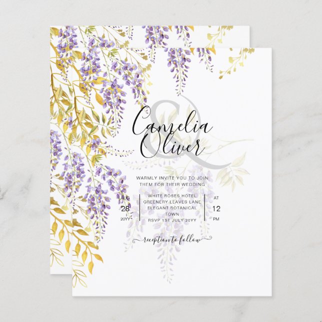 LeahG Lila Guld WISTERIA Blommigt Wedding INVITE (Fram/baksida)