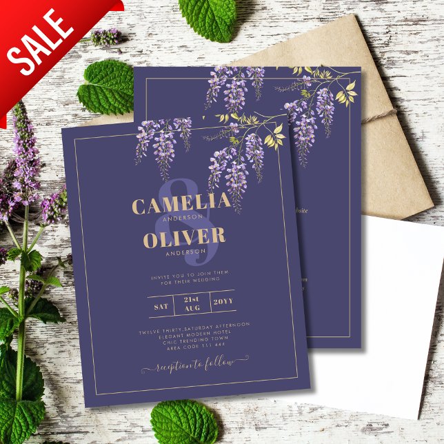LeahG Lila Guld WISTERIA Blommigt Wedding INVITE (Skapare uppladdad)