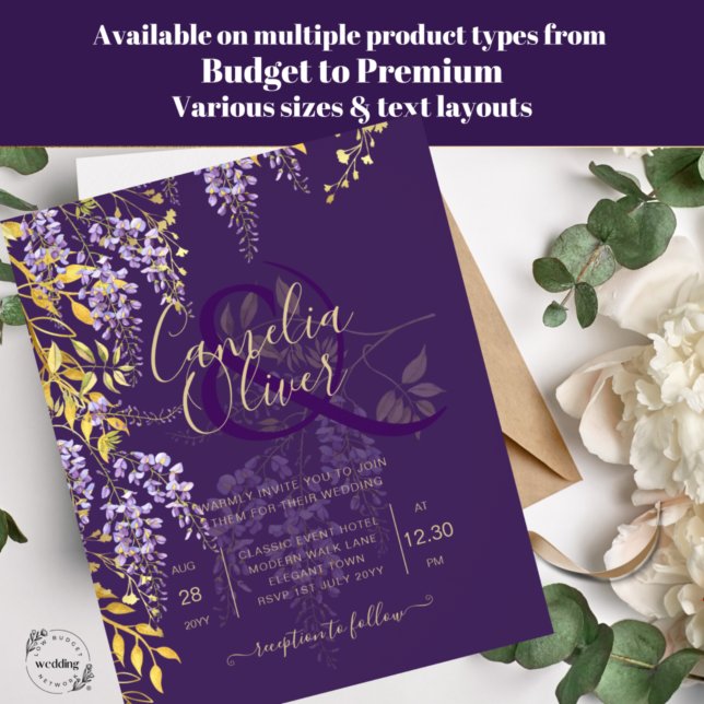 LeahG Lila Guld WISTERIA Blommigt Wedding INVITE (Skapare uppladdad)