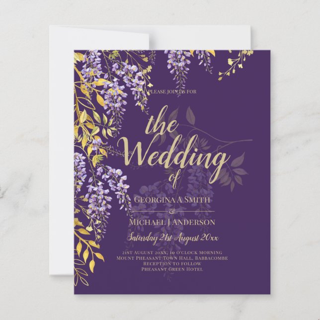 LeahG Lila Guld WISTERIA Blommigt Wedding INVITE (Framsida)
