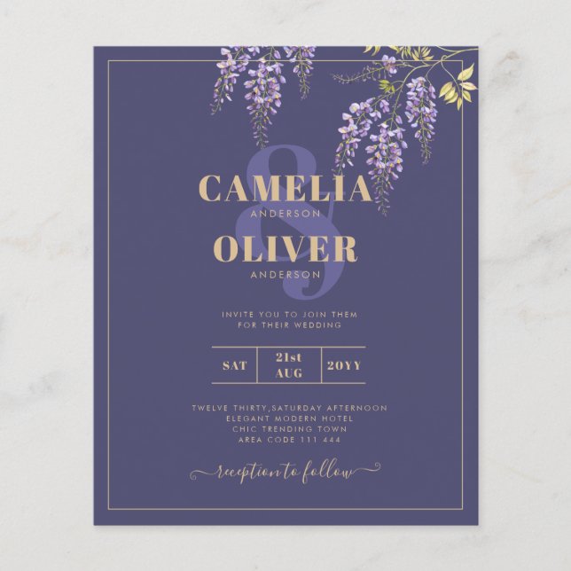 LeahG Lila Guld WISTERIA Blommigt Wedding INVITE Flygblad (Framsidan)