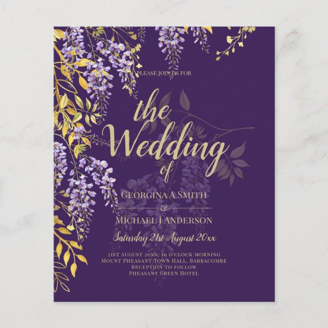 LeahG Lila Guld WISTERIA Blommigt Wedding INVITE Flygblad (Framsidan)