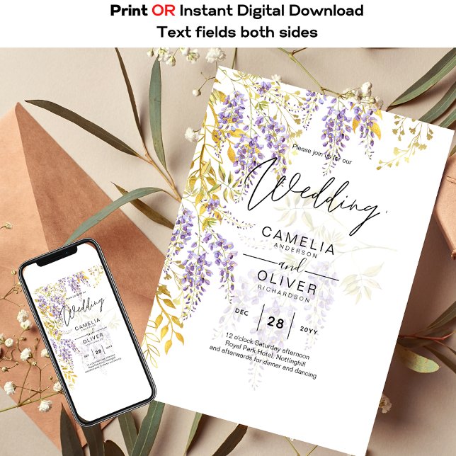 LeahG Lila Guld WISTERIA Blommigt Wedding INVITE Inbjudningar (Skapare uppladdad)