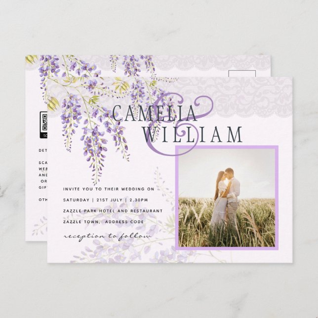 LeahG Lila Wisteria Modern Blommigt Bröllop Vykort (Fram/baksida)