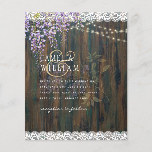 LeahG Lila WISTERIA Rustic Snöre Bröllop Flygblad (Framsidan)