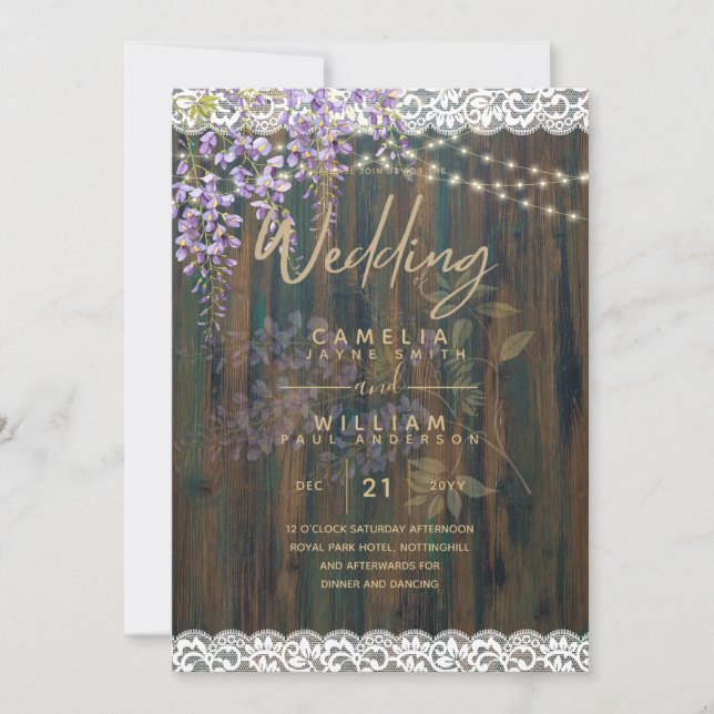 LeahG Lila WISTERIA Rustic Snöre Bröllop Inbjudningar (Framsida)