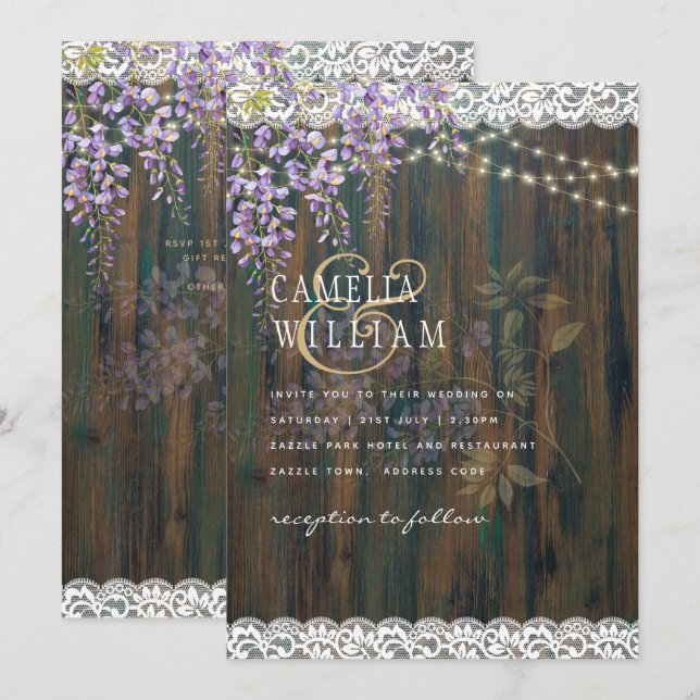 LeahG Lila WISTERIA Rustic Snöre Bröllop Inbjudningar (Fram/baksida)