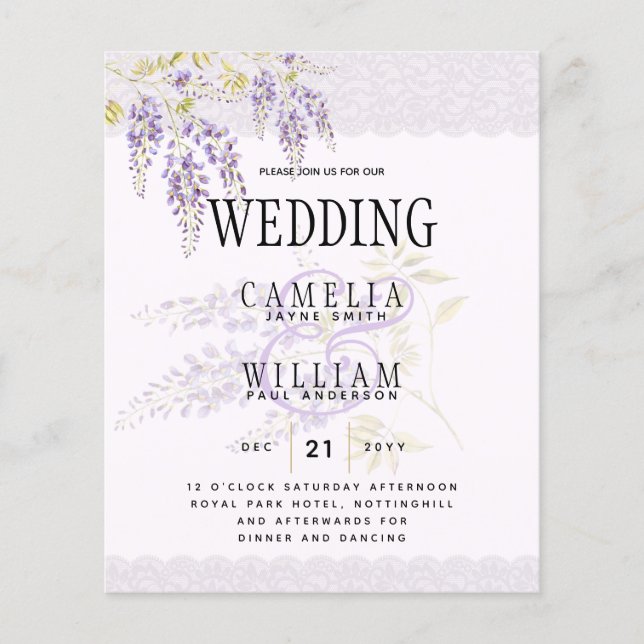 LeahG Lila WISTERIA Snöre Blommigt bröllopsinbjudn Flygblad (Framsidan)