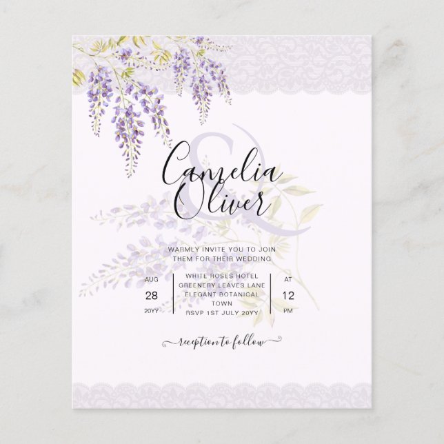 LeahG Lila WISTERIA Snöre Blommigt bröllopsinbjudn Flygblad (Framsidan)