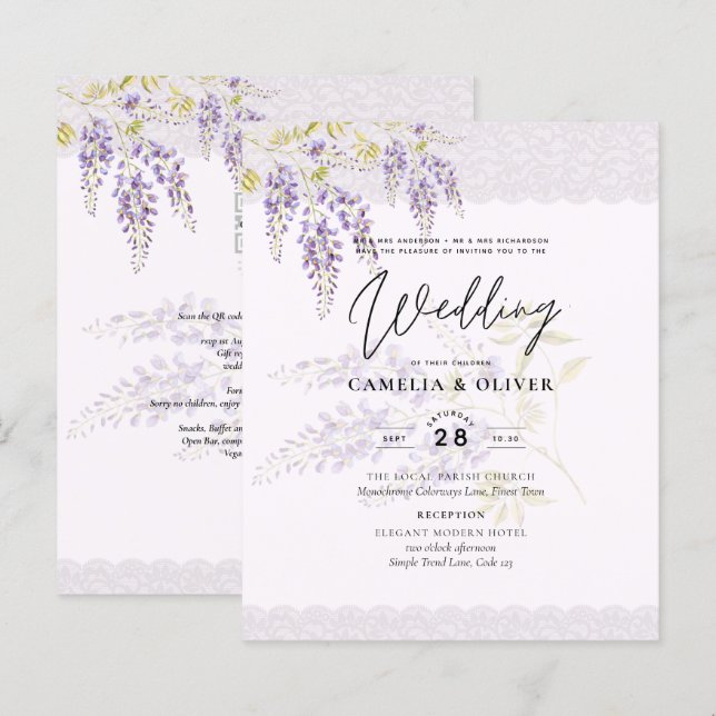 LeahG Lila WISTERIA Spets Blommig Bröllops INBJUDA (Fram/baksida)