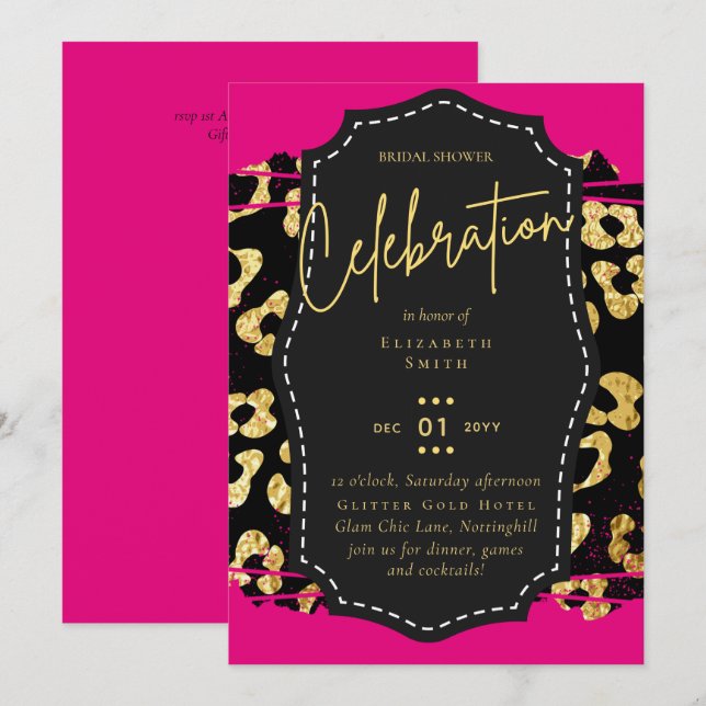 LeahG Möhippa Glam Chic Animal Guld Rosa Blk Inbjudningar (Fram/baksida)