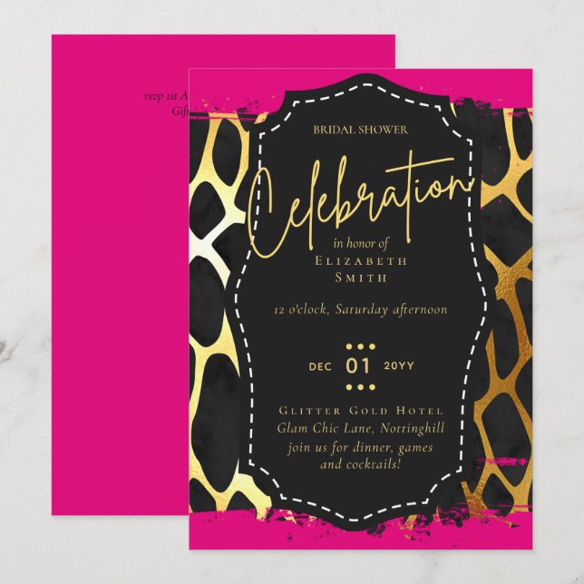 LeahG Möhippa Glam Chic Animal Guld Rosa Blk Inbjudningar (Fram/baksida)