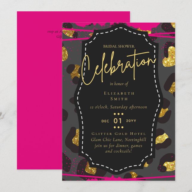 LeahG Möhippa Glam Chic Animal Guld Rosa Blk Inbjudningar (Fram/baksida)